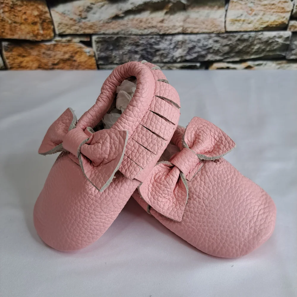Baby Girl Pink-Pearly Bow Moccasins - Soft Slip-On Infant Shoes New